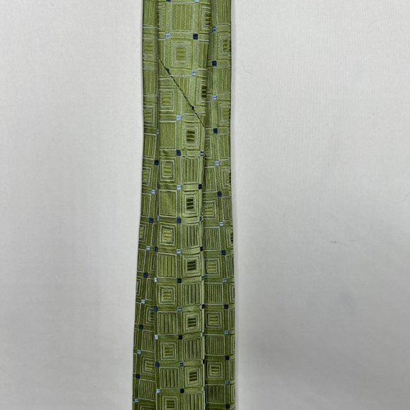 Michael Kors Men’s Necktie 3 ¾” Green Silk Textured Squares & Blue Dots - Picture 6 of 11